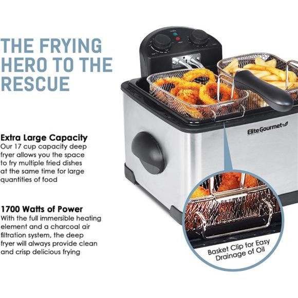 Elite Gourmet Electric Immersion Deep Fryer 3-Basket, 1700-Watt, Stainless Steel - Picture 4 of 5